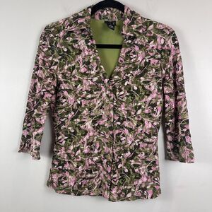 Vintage y2k Womens‎ Collared Button Up Top M Floral Lace 3/4 Sleeve Top Cottage